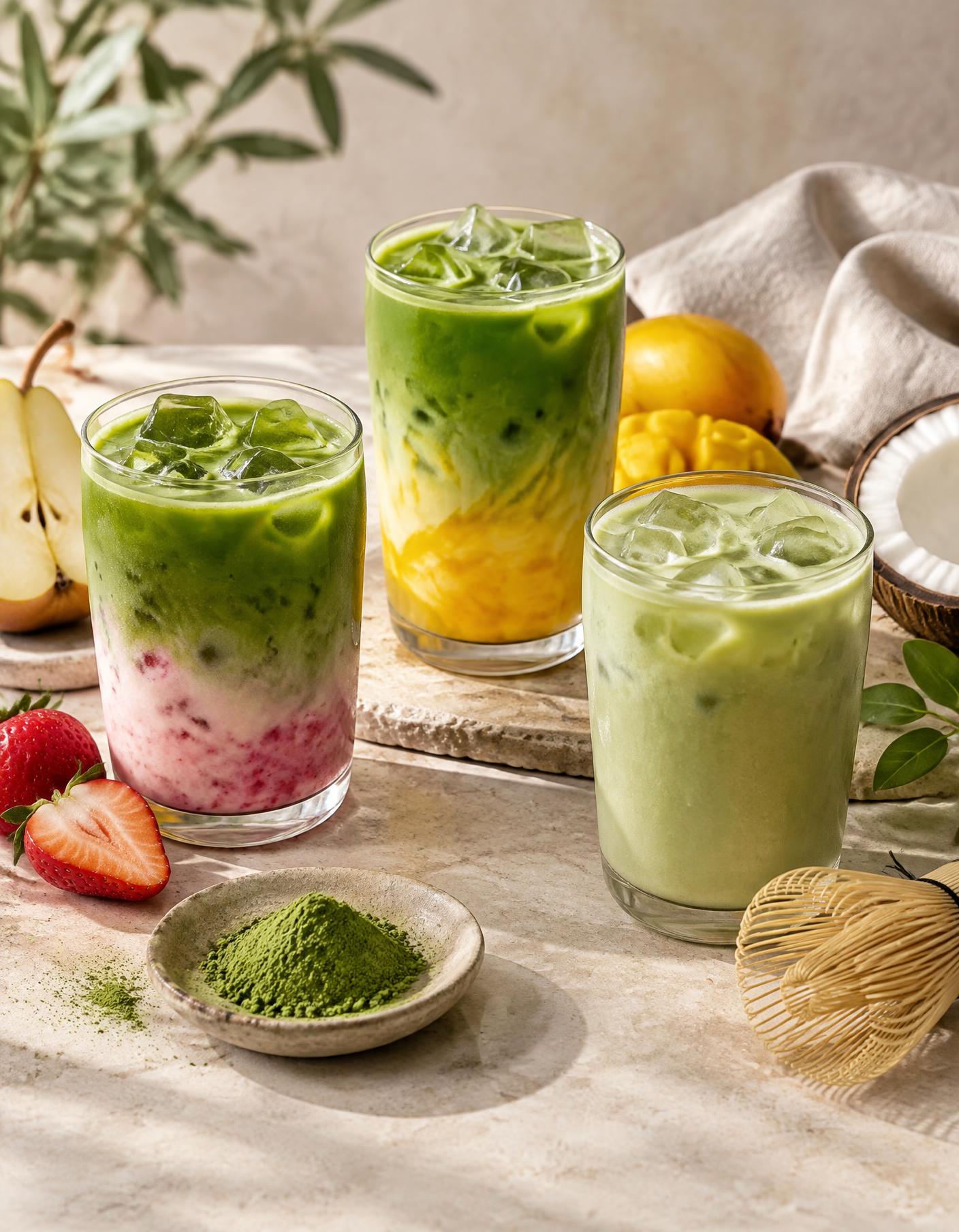 Drei Matcha-Drinks in den Sorten Apfel-Birne-Erdbeere, Apfel-Mango und Kokos auf hellem Naturstein