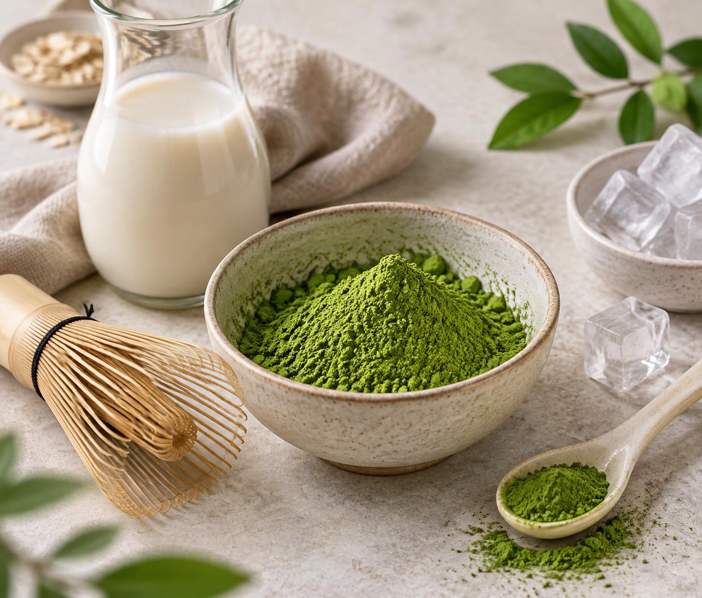 Feines Matcha-Pulver mit Bambusbesen, Haferdrink, Kokosdrink und Eiswürfeln auf hellem Naturstein
