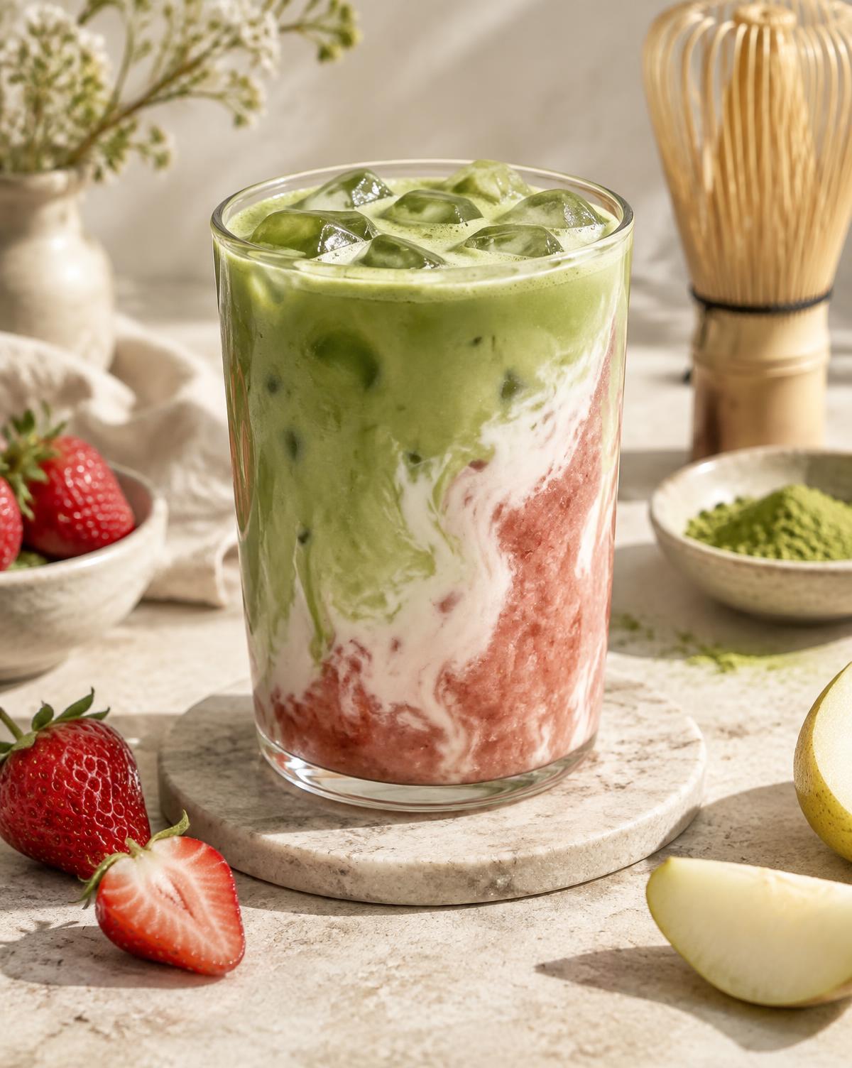 Apfel-Birne-Erdbeer-Matcha mit rosa Birne-Erdbeere-in-Apfel-Quetschie-Klecks im Becher