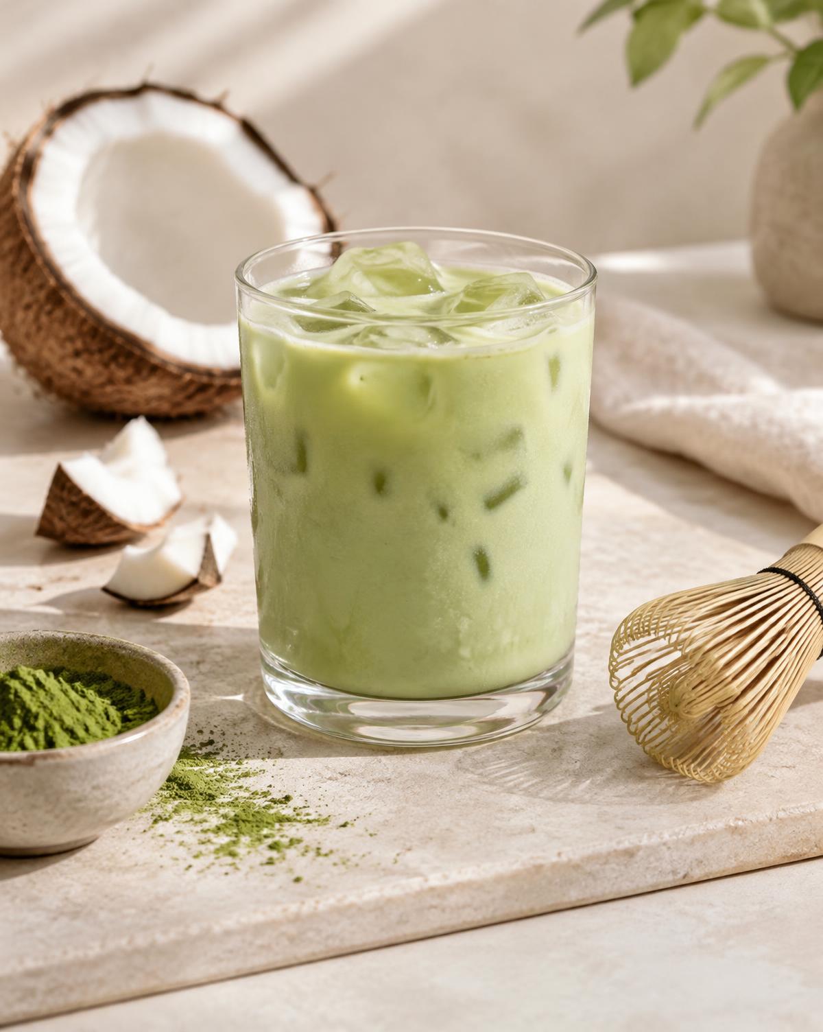 Kokos-Matcha als vollständig gemischter hellgrüner Drink mit Kokosdrink