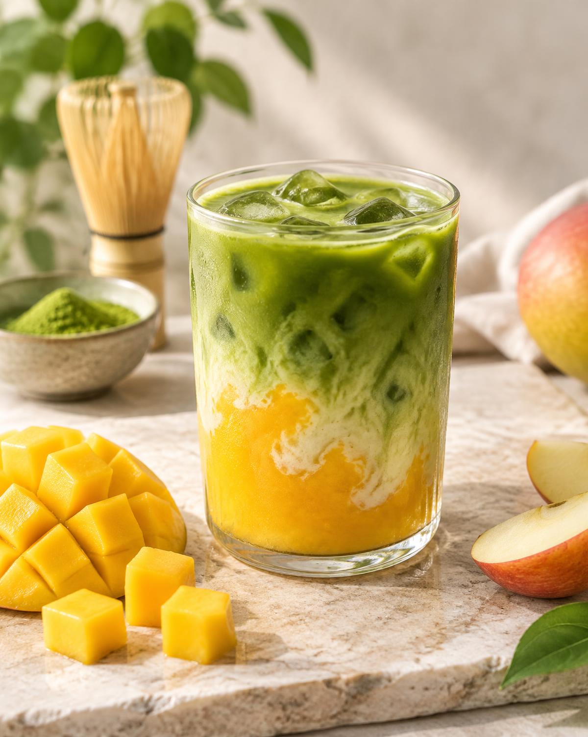Apfel-Mango-Matcha mit gelbem Apfel-Mango-Quetschie-Klecks im Becher